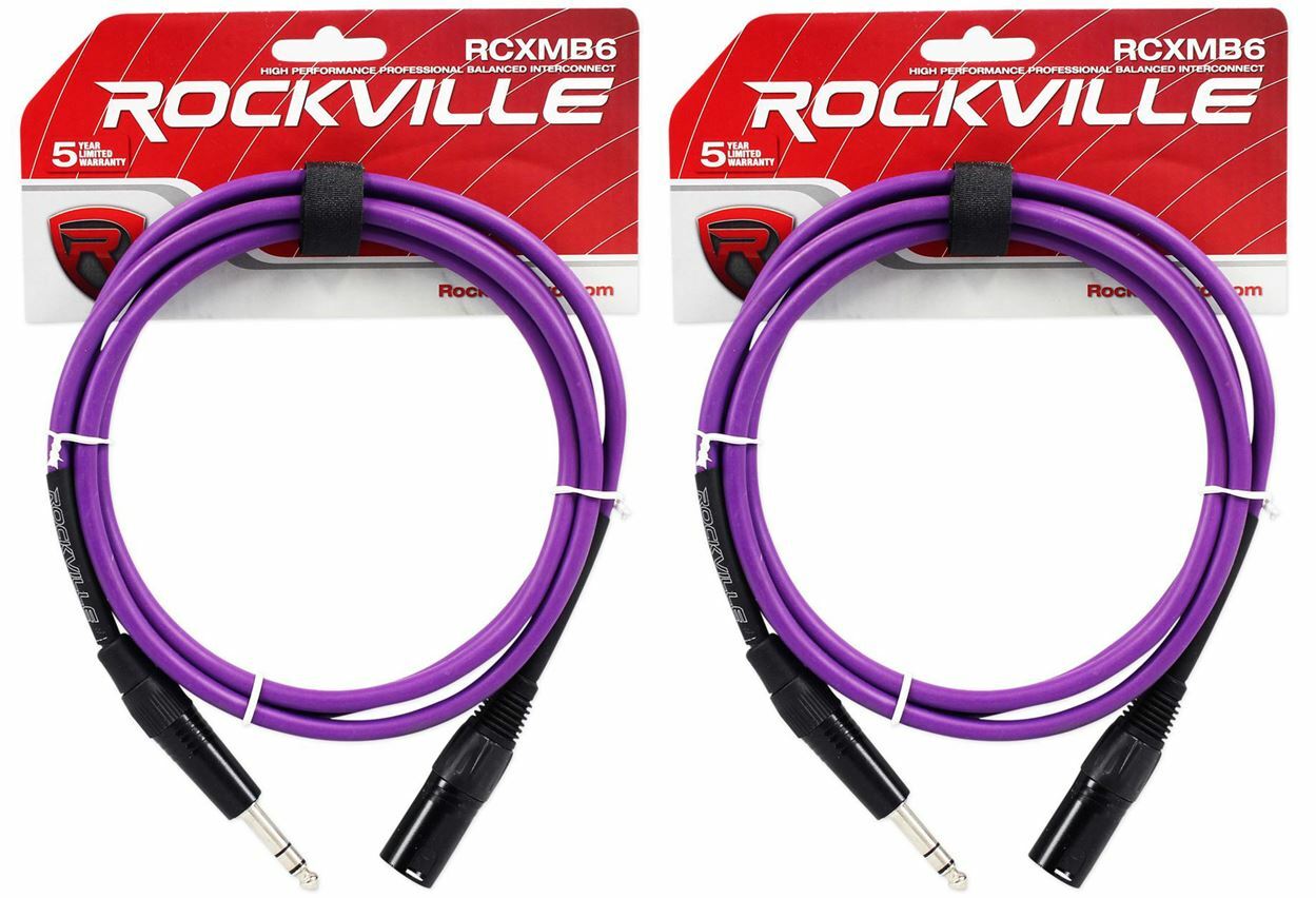 2 Rockville RCXMB6-P Purple 6' Male REAN XLR to 1/4'' TRS Balanced Cables
