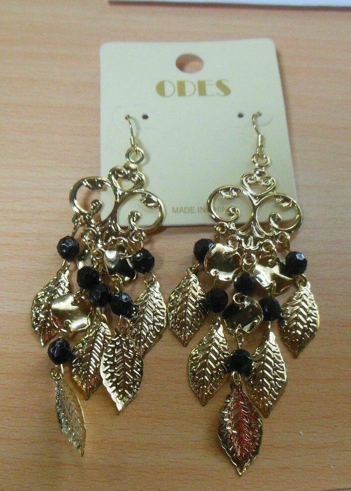 Odes Gold-tone & Black Bead Dangle Leaves Hook Earrings 3.5" Long