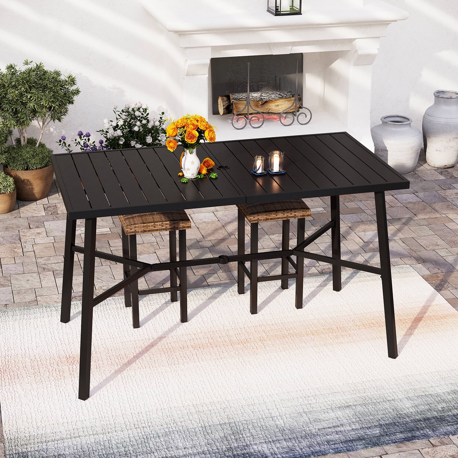 Patio Bar Table Outdoor Bar Height Rectangle Metal Dining Table for 6-8 Person