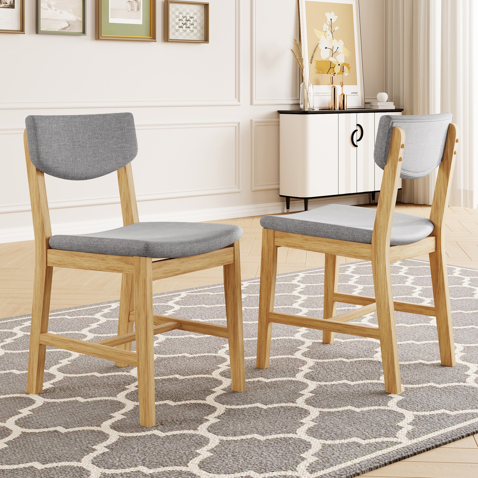 4-Piece Rustic Farmhouse Dining Chair - Solid Wood Frame with Gray Fabric Cush