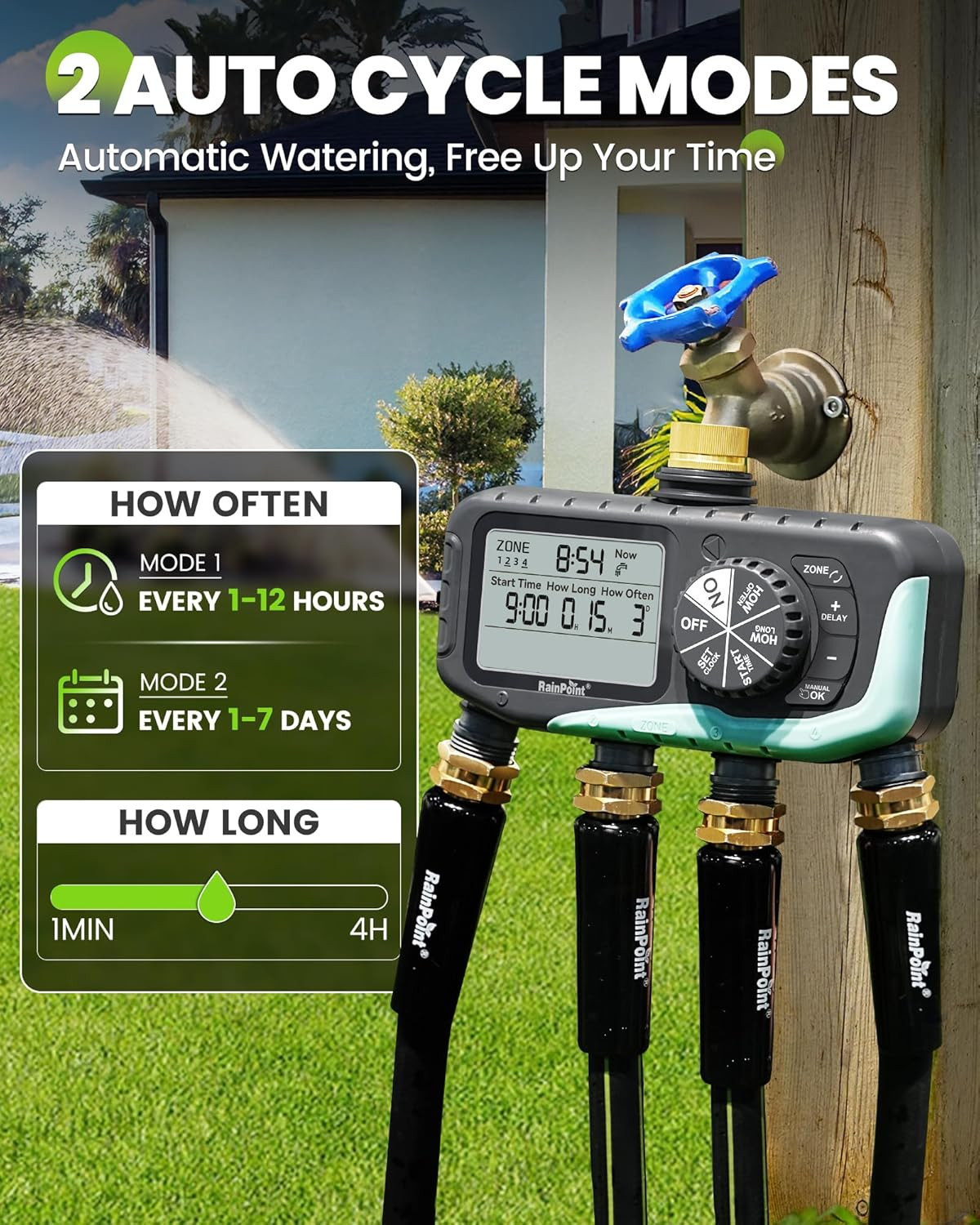 RAINPOINT Sprinkler Timer 4 Zone, Water Timer for Garden Hose, for Soaker Hose w