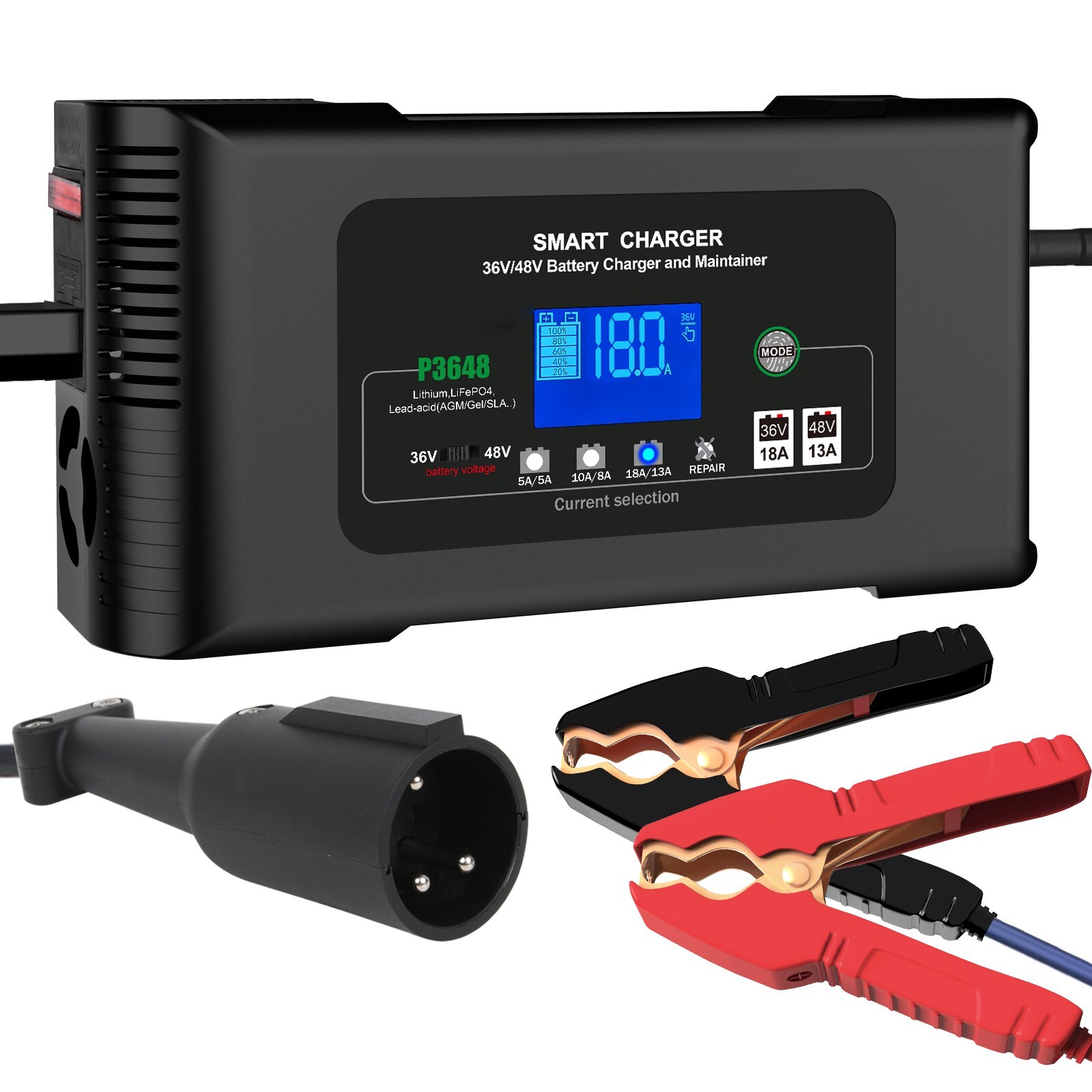 36V 18A Golf Cart Charger for AGM LiFePO4 Lithium Lead Acid Club Car Round Plug