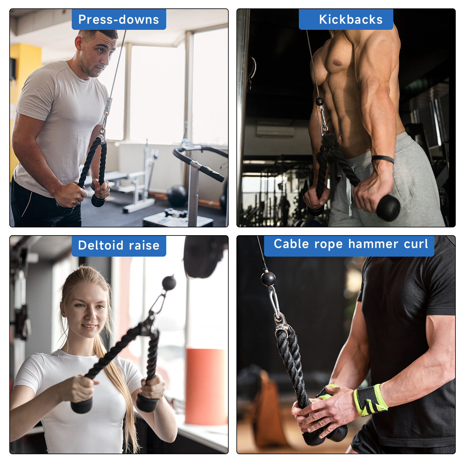 Single or Dual Grip Tricep Rope, Pull Down Cable Machine Attachment
