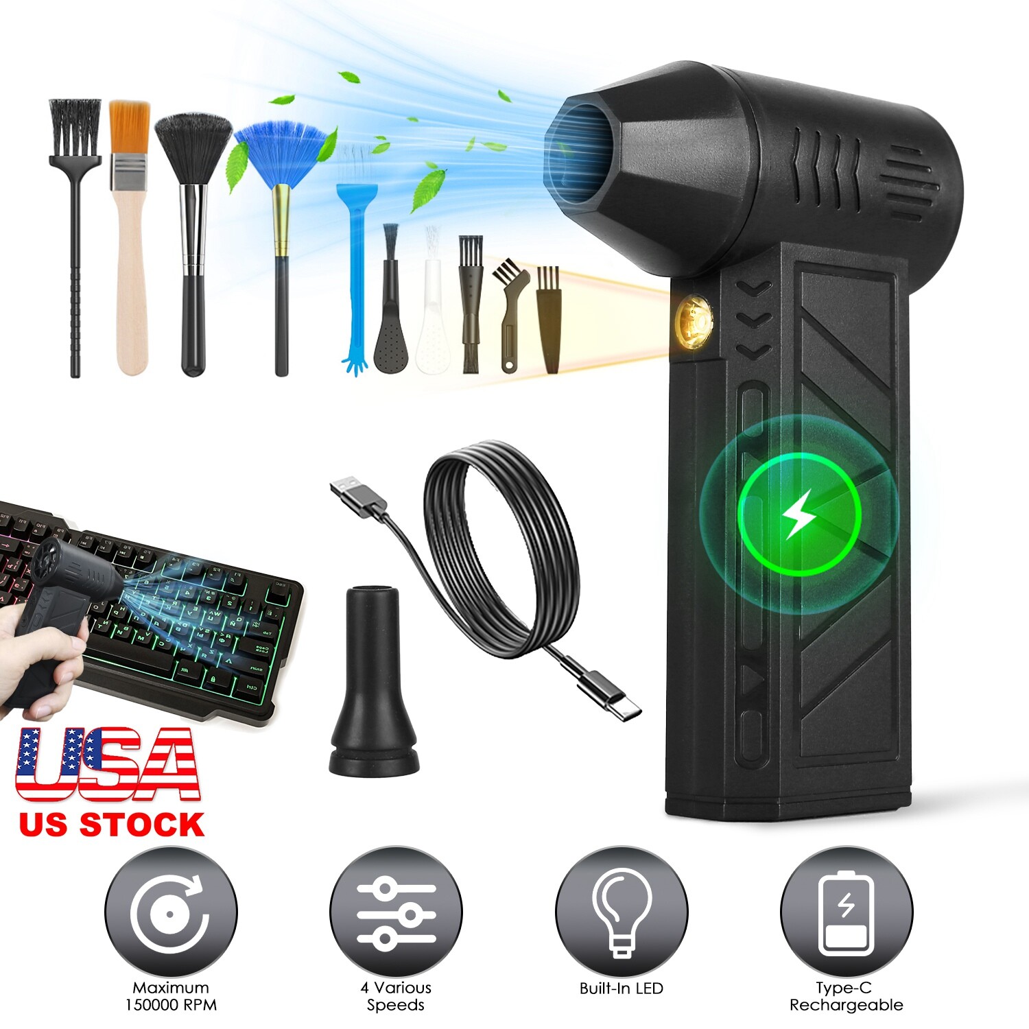 Portable Compressed Air Duster Cordless Air Blower with LED Lights Cleaning Kits