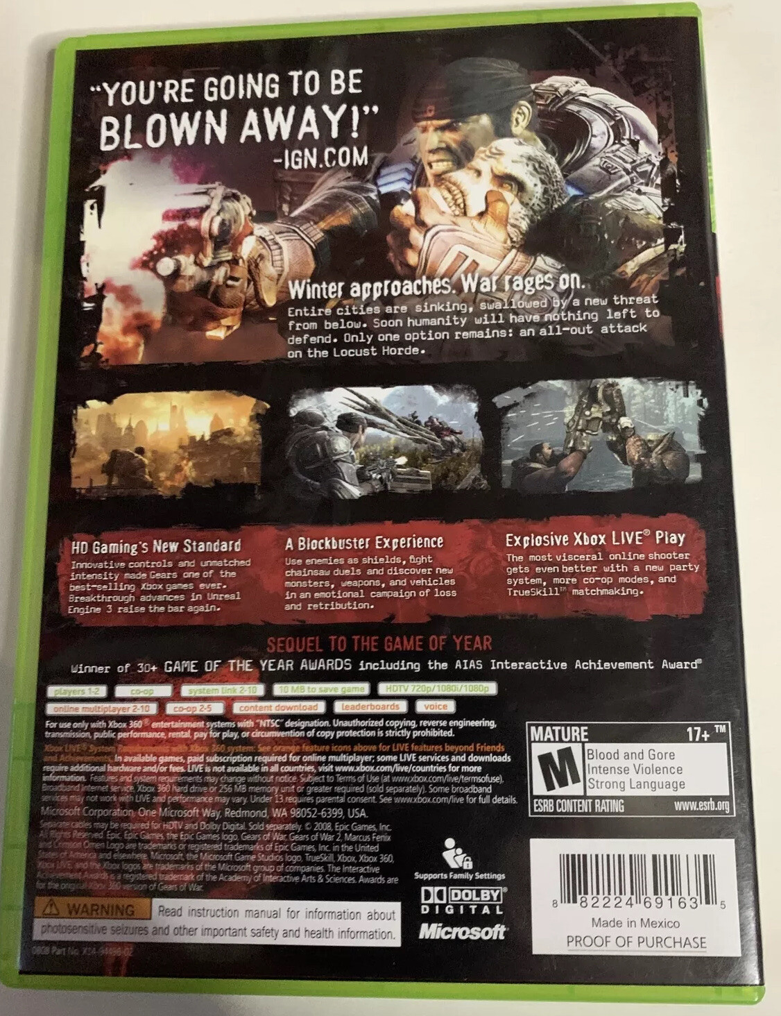 Gears of War 2 (Microsoft Xbox 360, 2008) With Case