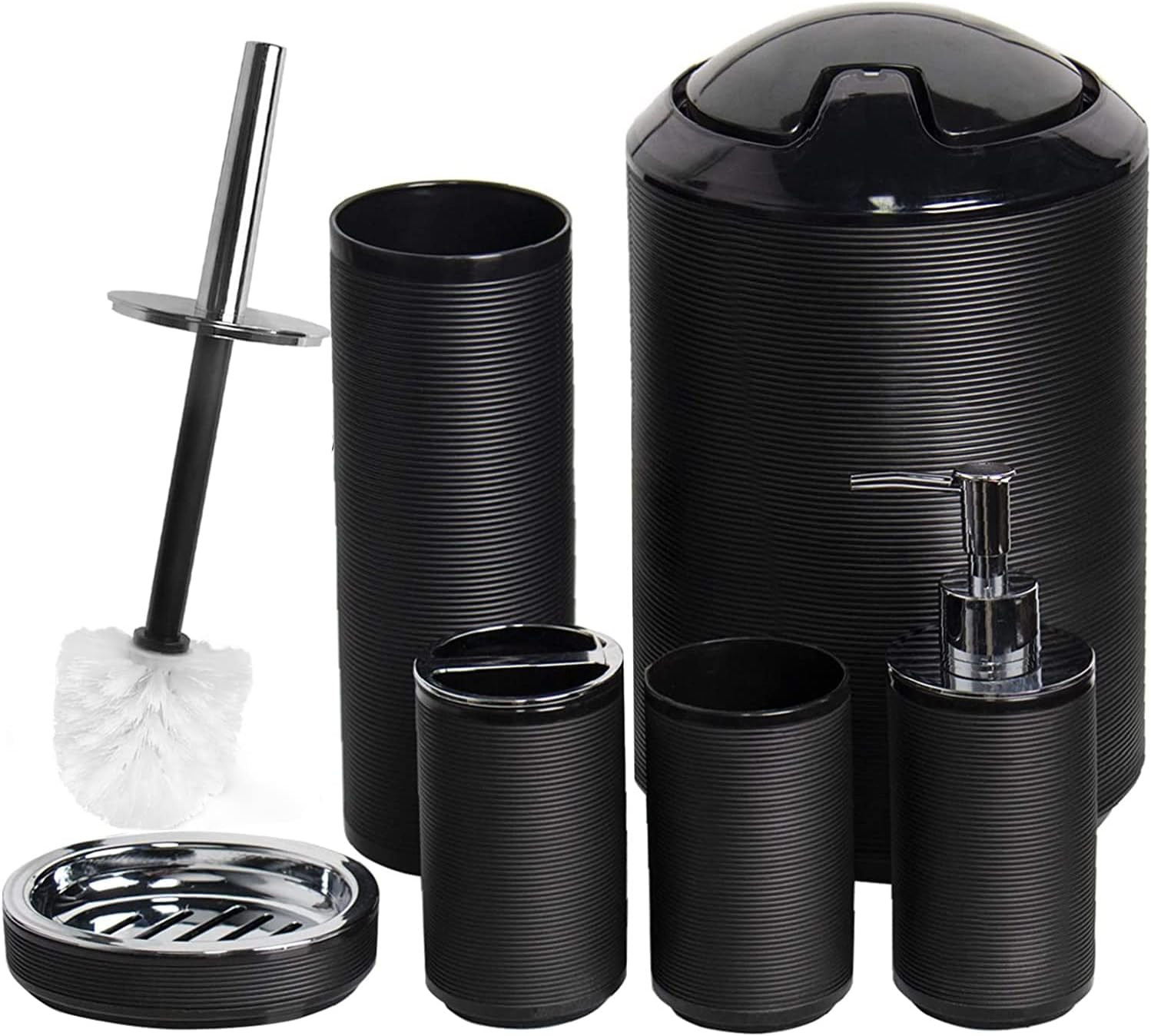 6 Piece Bathroom Accessories Set Black Plastic Countertop Bath Ensemble Organize