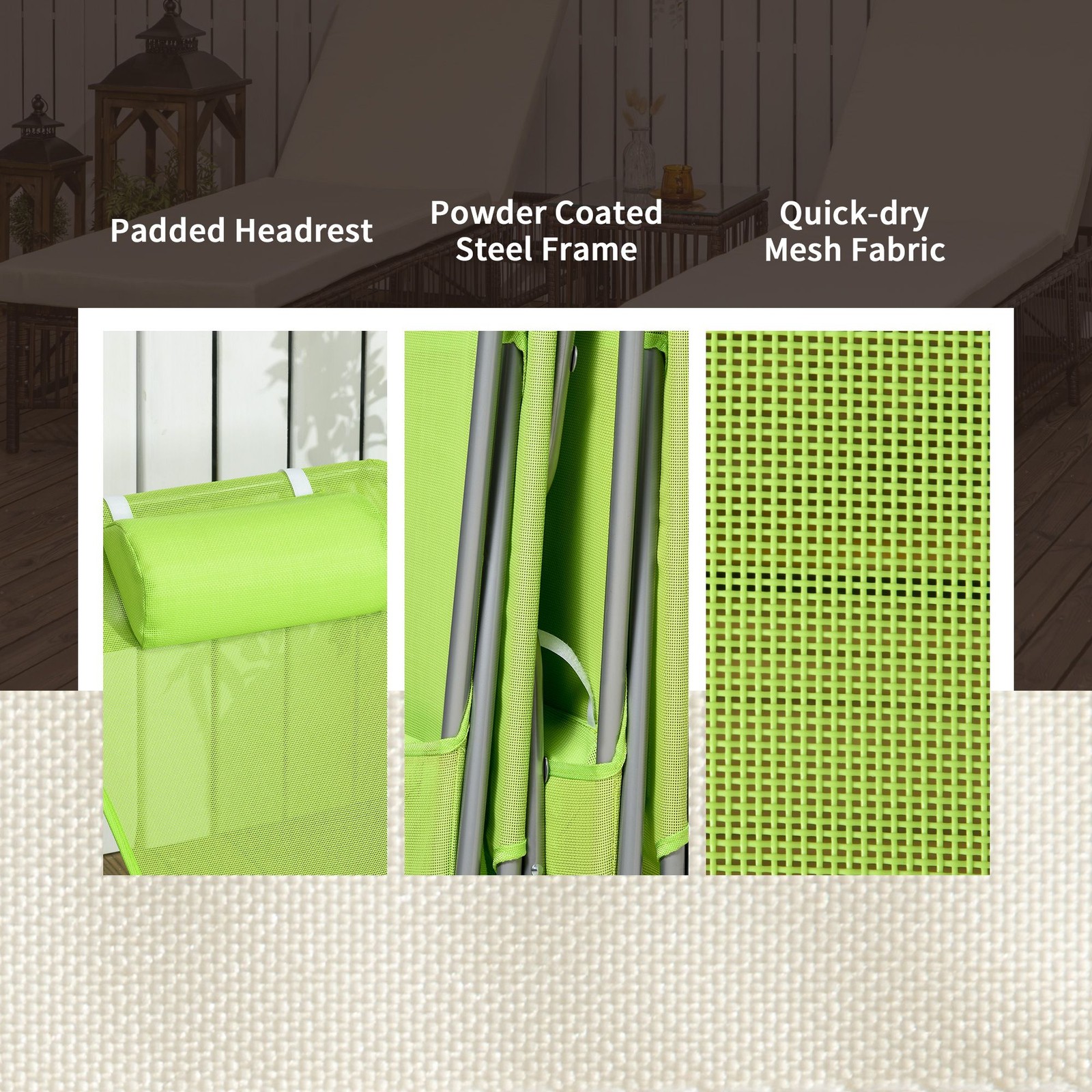 Folding Recliner Chairs, 2-Pack, Breathable Fabric, Portable Use, Green