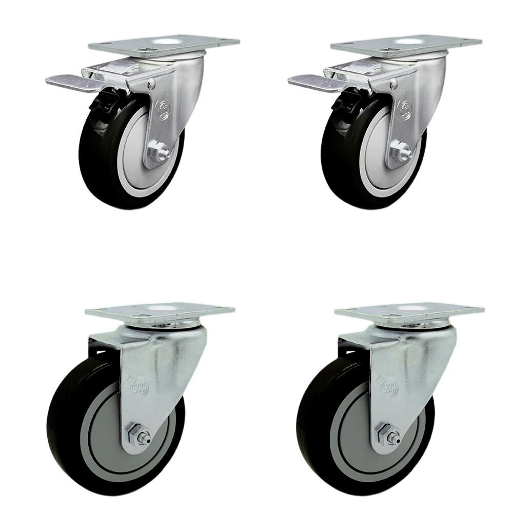 4 Inch SS Black Polyurethane Top Plate Caster Set 2 Total Lock Brakes SCC