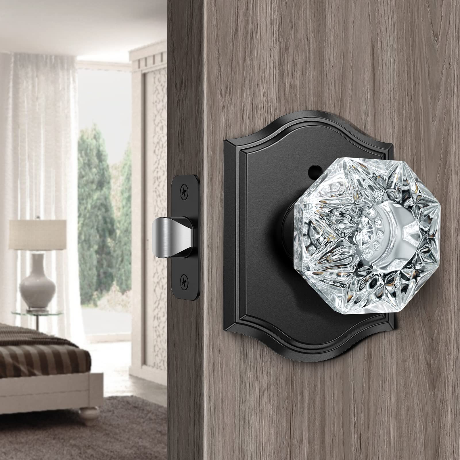 Calzibeno Crystal Door Knobs, Black Glass Knob Diamond-Privacy,