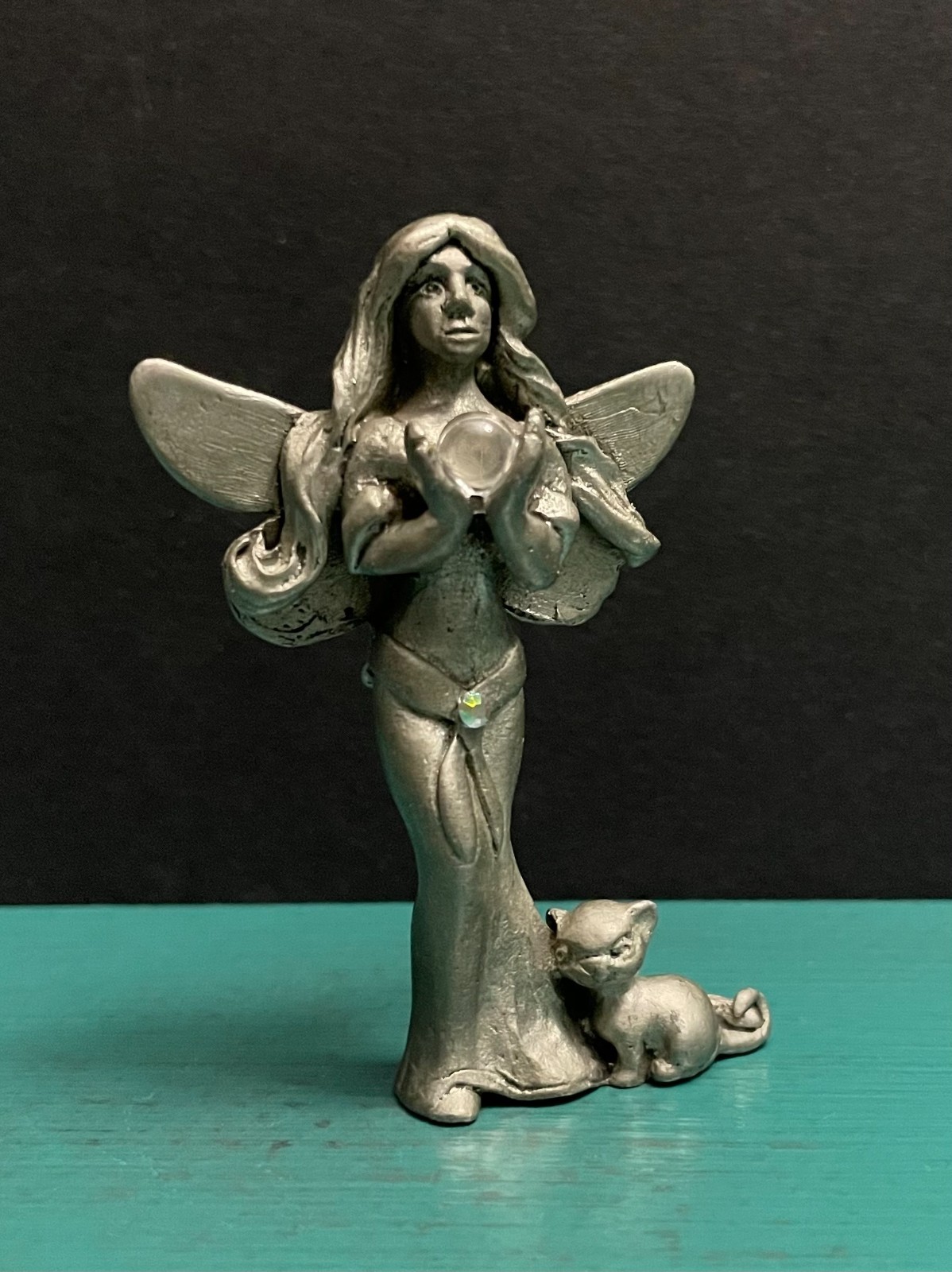 JB Pewter Fairy Fae Angel Wings Kitty Cat Crystal Ball Diorama Mini Figurine