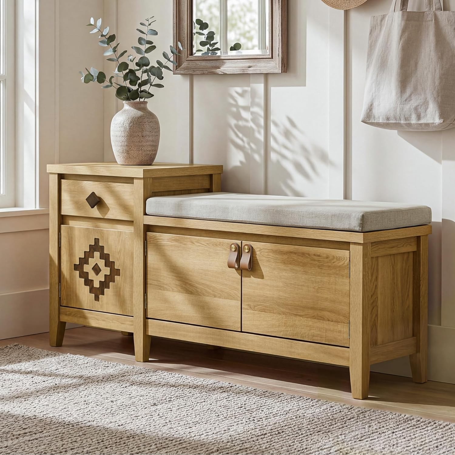 Natural 44" Rustic Entryway Storage Bench Cushioned Seat Drawer & Cubbies