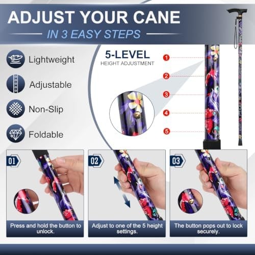 Folding Cane, 5-Level Adjustable Height Walking Stick Lightweight Collapsible Po