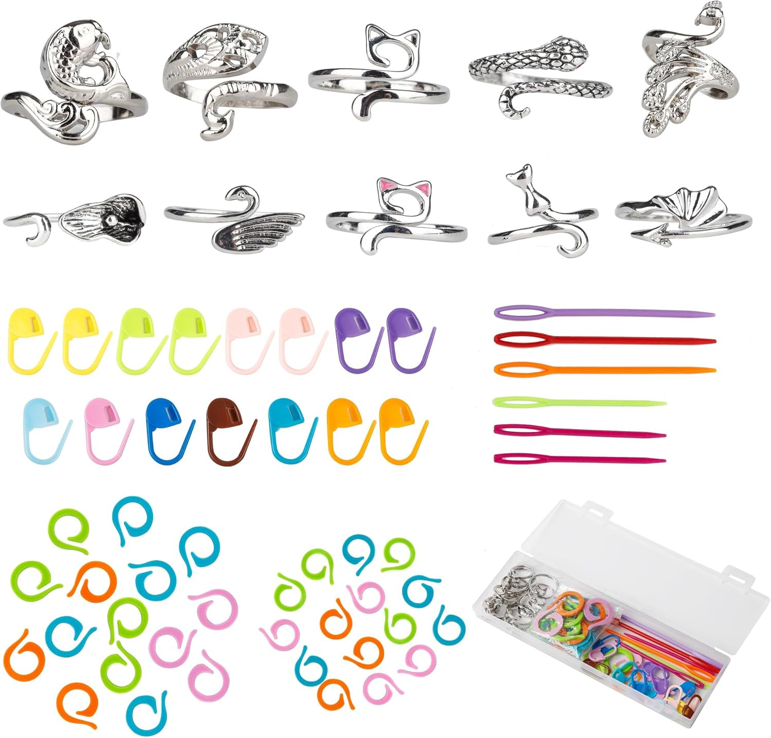 10Pcs Crochet Ring for Women with 45 Crochet Stitch Markers and 6 Pcs Sewing Nee