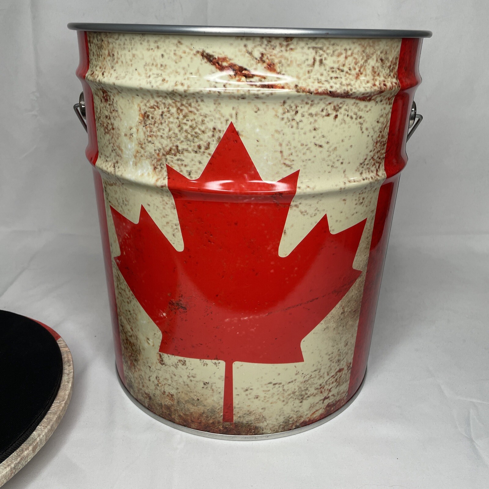 5 Gallon Metal Bucket Upholstered Storage Stool w/Weathered Canadian Flag Design
