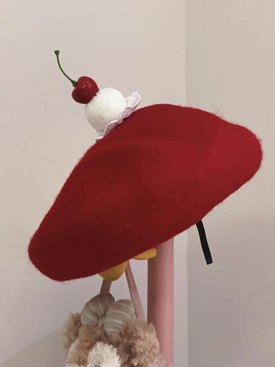 Autumn Winter Women Cream Cherry Cake Beret Lovely Felt Hat Girls Artist Hat