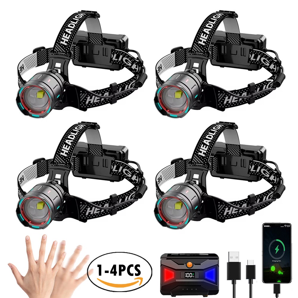 1-4pcs Super Bright Tactical 30W LED Headlamp Motion Sensor Rechargeable Lamps
