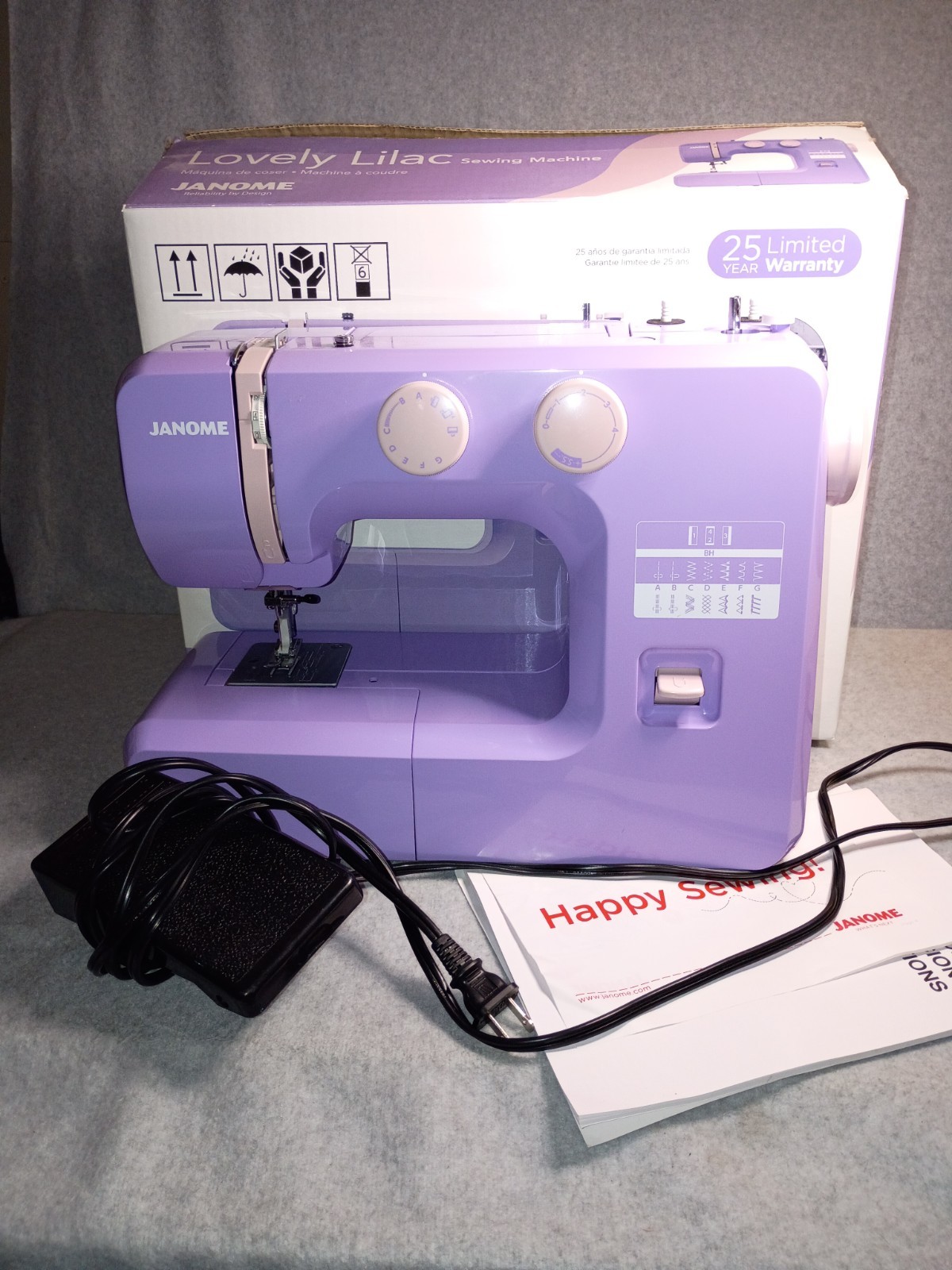 Lovely Lilac Janome Sewing Machine, Model 311LE, Instruction book, Presser Foot