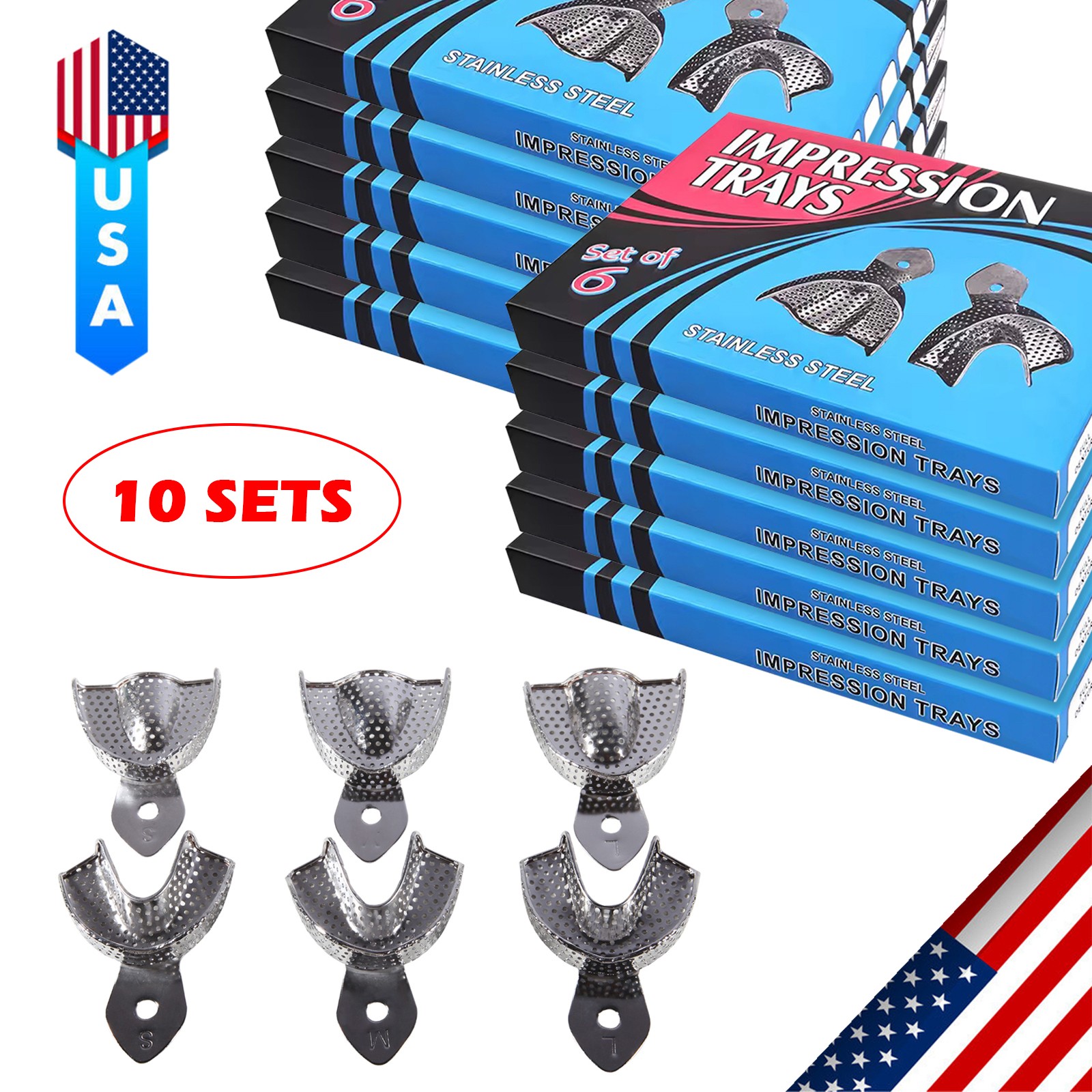 6-60Pcs Perforated Metal Dental Impression Trays Set Edentulous Instruments PR