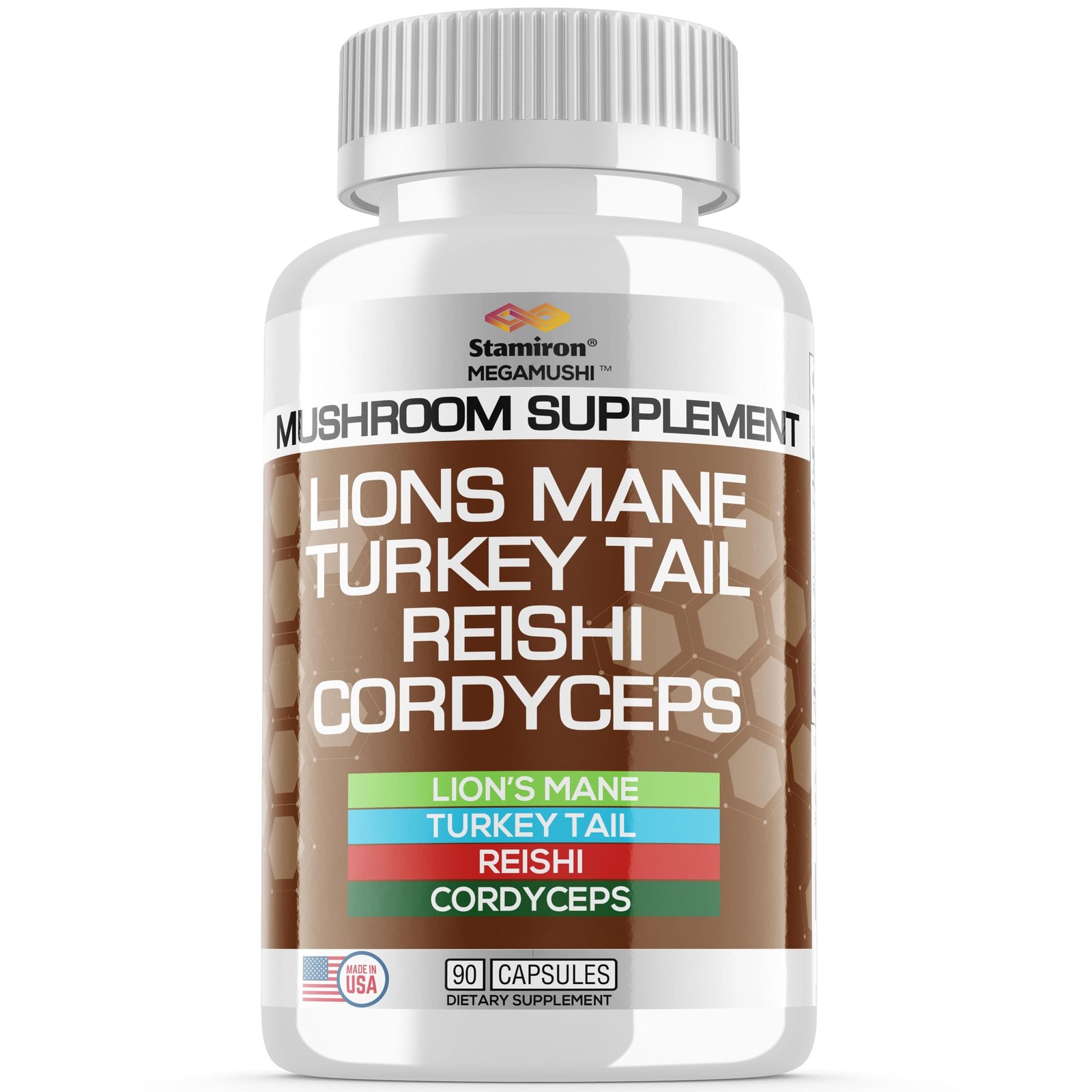 Stamiron Lions Mane Supplement Turkey Tail 90 Count (Pack of 1), Natural