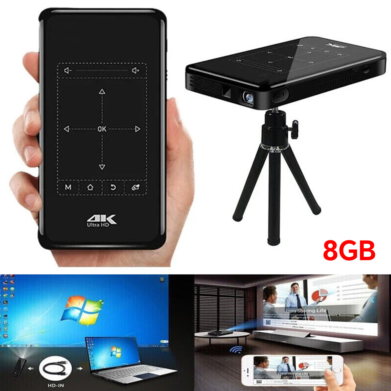 Mini P9 4K Smart DLP Projector Android WiFi Bluetooth 1080P 8G Home Theater New