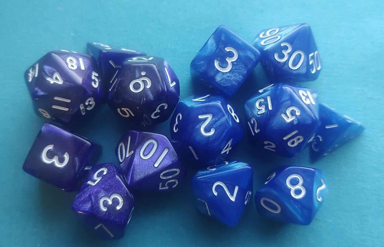 RPG Dice Set, "Purple-Blue Crew" two 7pc sets + bag for D&D & roleplaying games
