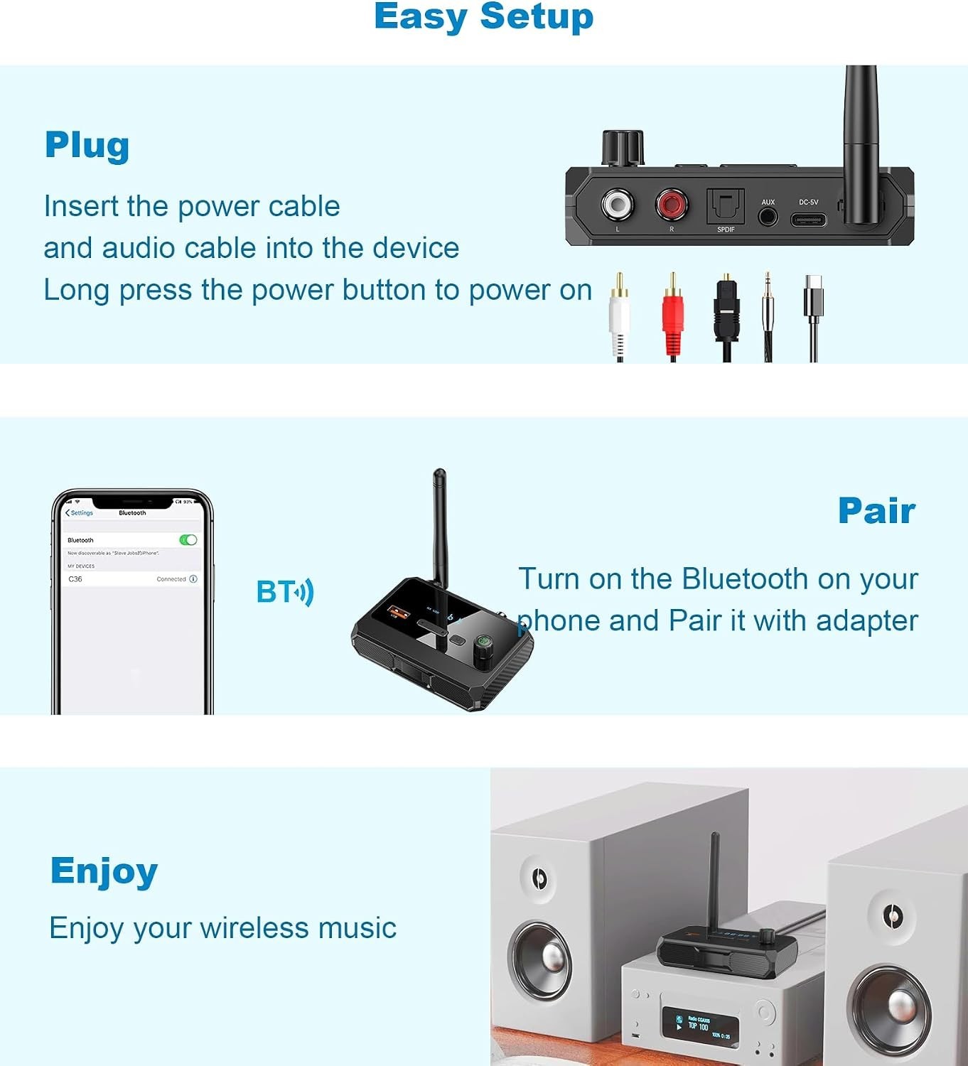 Bluetooth 5.4 Receiver, Optical, RCA, AUX, USB, LCD Screen, Home Stereo Adapter