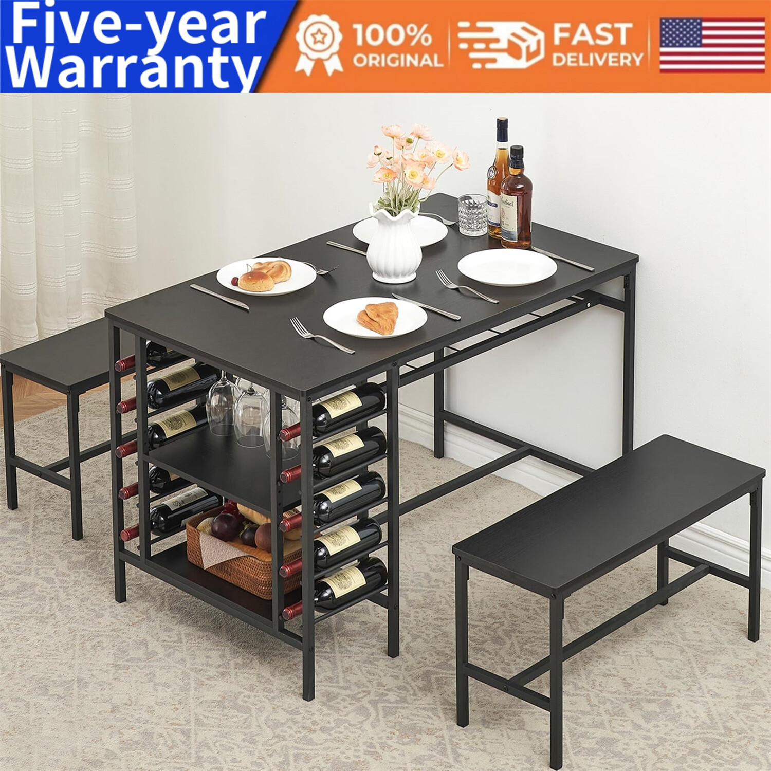 Dining Table Set for 4 3 Pieces Kitchen Table Set W/2 Benches 2-Tier Wine Rack