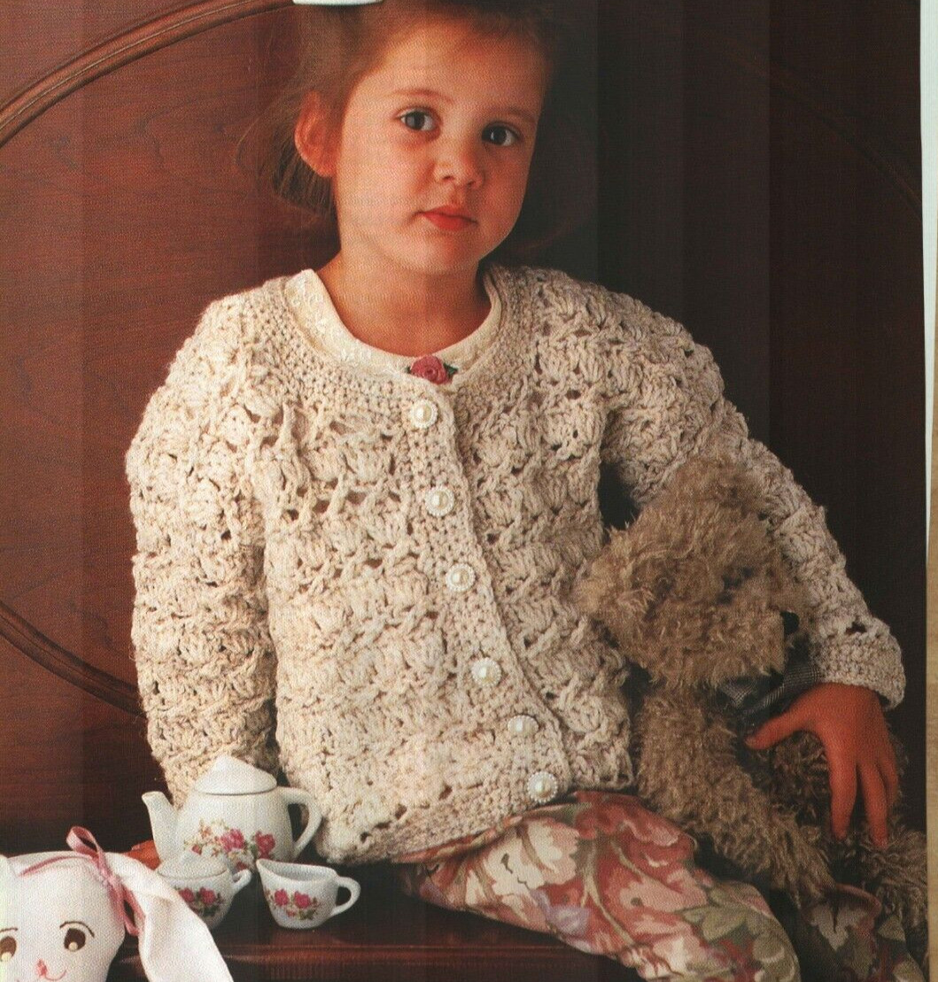 FANCY CARDIGAN SWEATER 2 CHILD SIZES CROCHET PATTERN INSTRUCTIONS