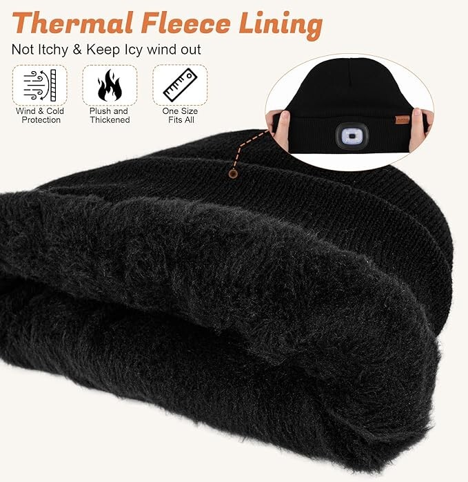 Fleece Lined Beanie Headlamp Hat with Light, Rechargeable LED Winter Cap Black