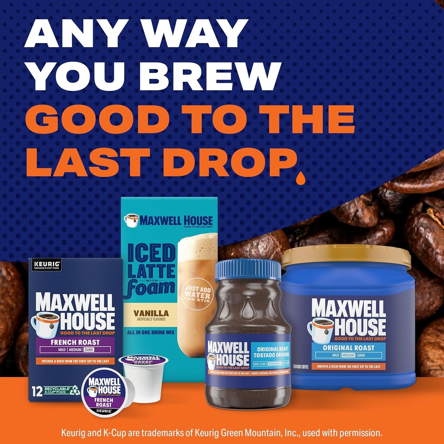 Maxwell House Original Roast Instant Coffee, 8 oz Jar.