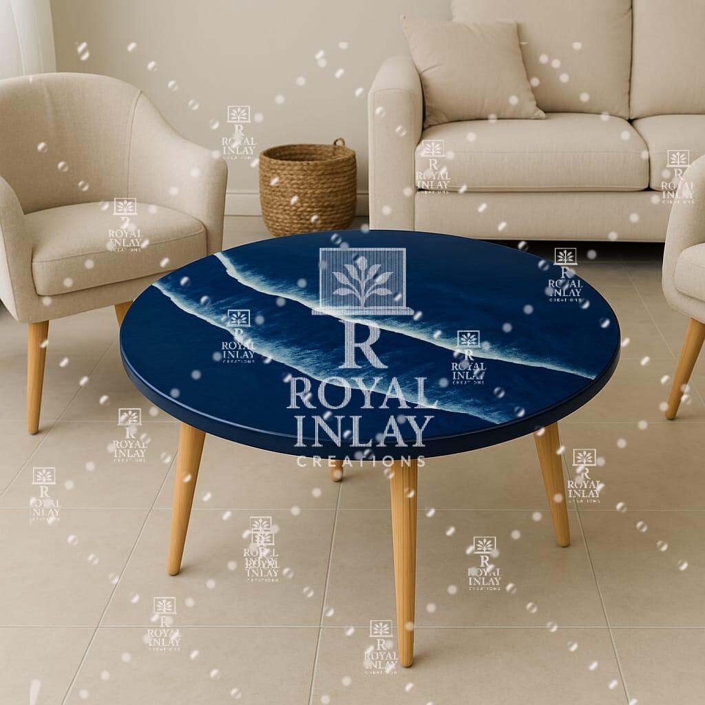 24" Ocean Blue Resin Round Table|Live Edge Wood  Table|Handmade Coastal Table