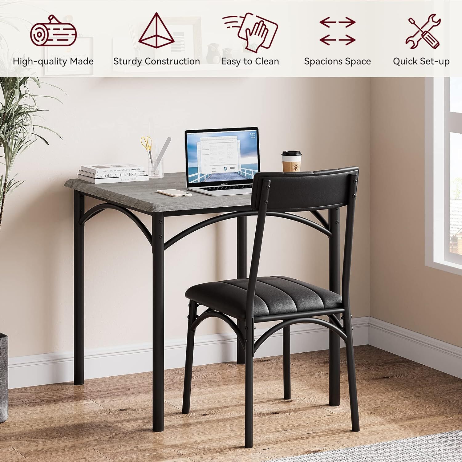 Modern Square 3Pcs Dining Set for 2 w/Upholstered Chairs, Compact, Easy Assembly
