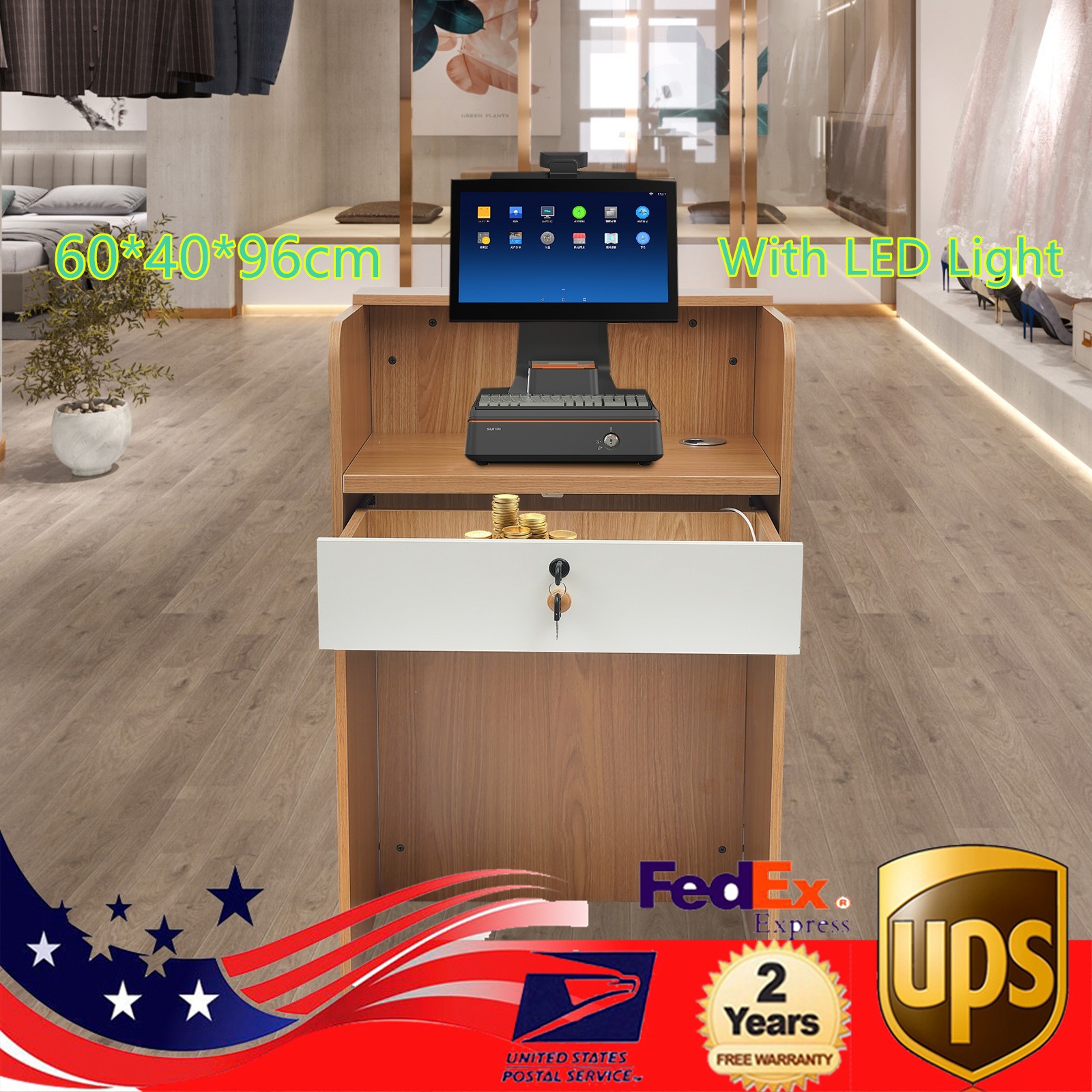 Reception Desk with LED Light Checkout Counter Table w/ Storage Drawer Store Use