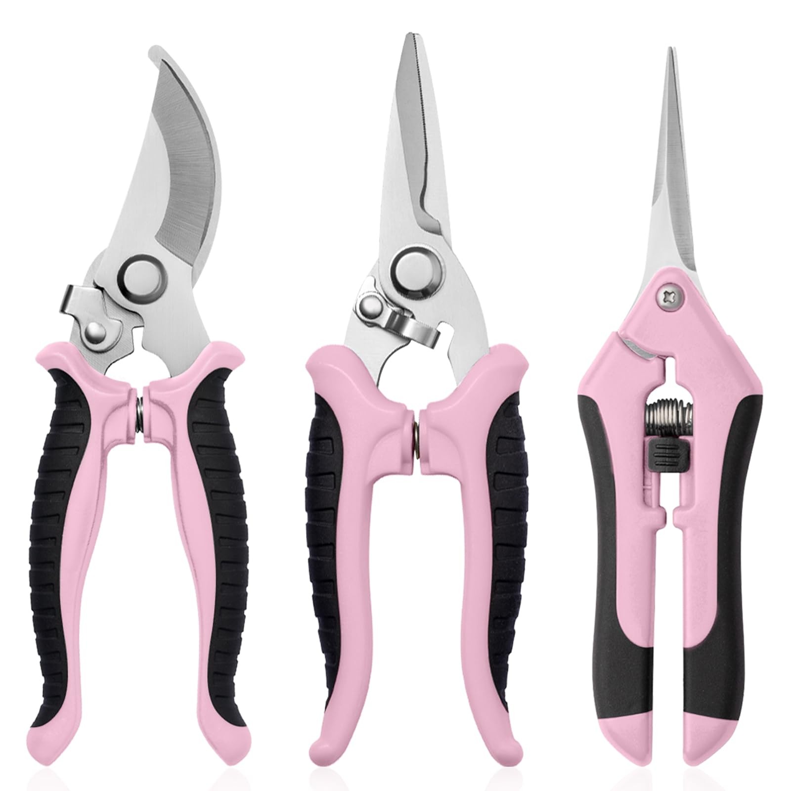 3 Pack Garden Pruning Shears, Stainless Steel 3pcs Pink and Black