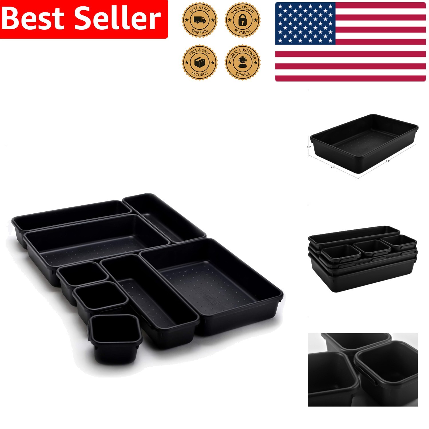 8 Pc Black Interlocking Drawer Organizer Bins Durable Plastic Custom Layout Desk
