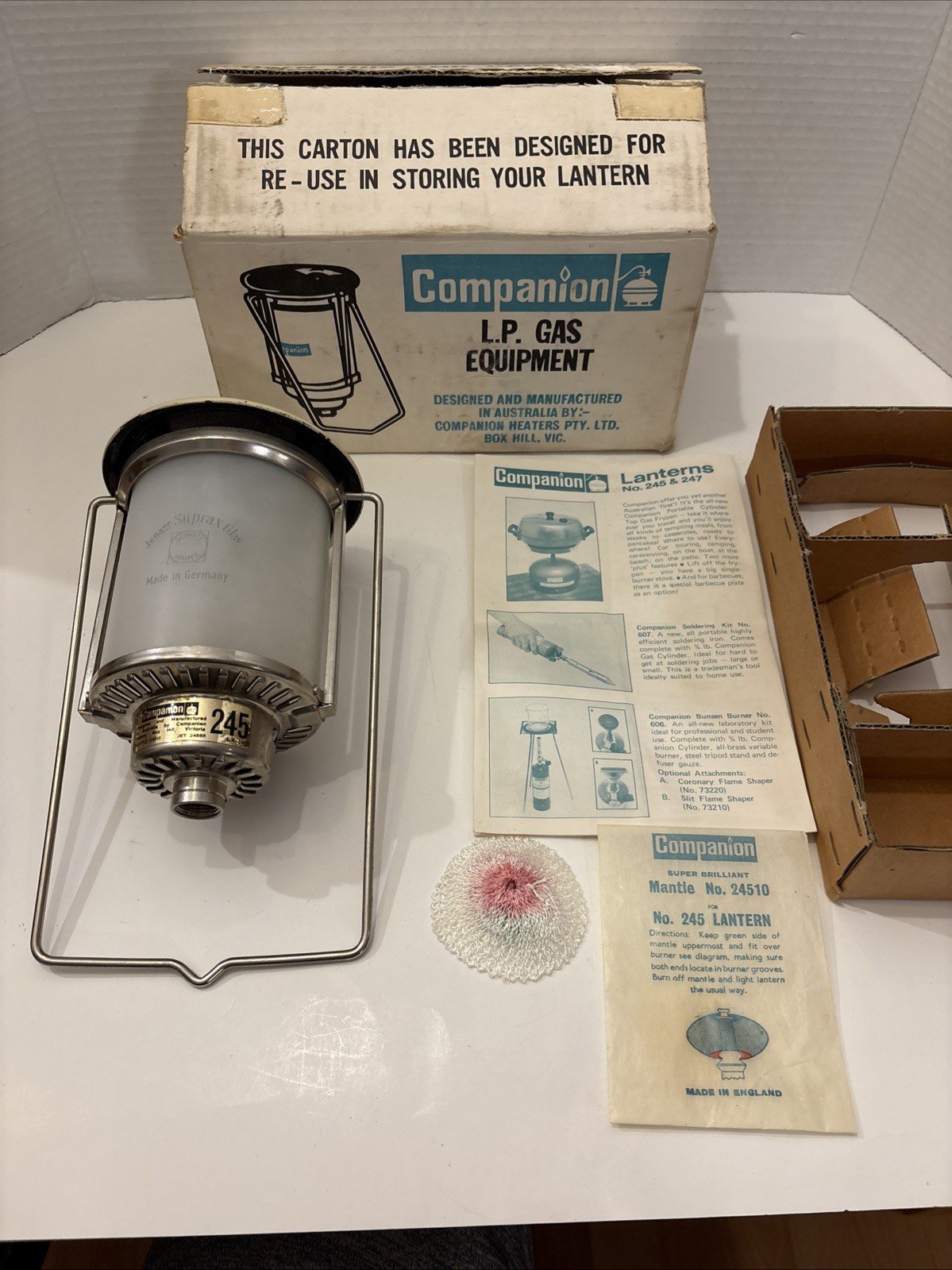 Vintage Target Australia Gas Lantern Lamp Companion, Jenaer Suprax Glas L.P. 245