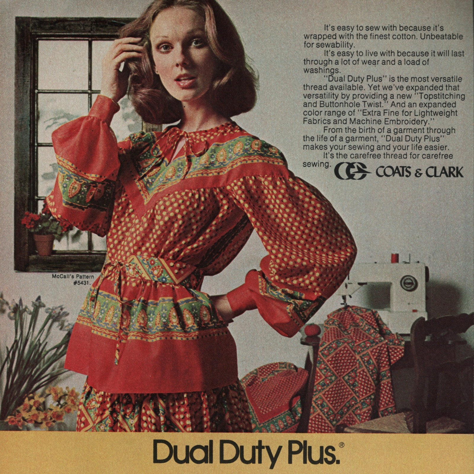 Dual Duty Plus 1977 Print Ad Sewing Thread Retro 1970s MCM Cottagecore Lady VTG.