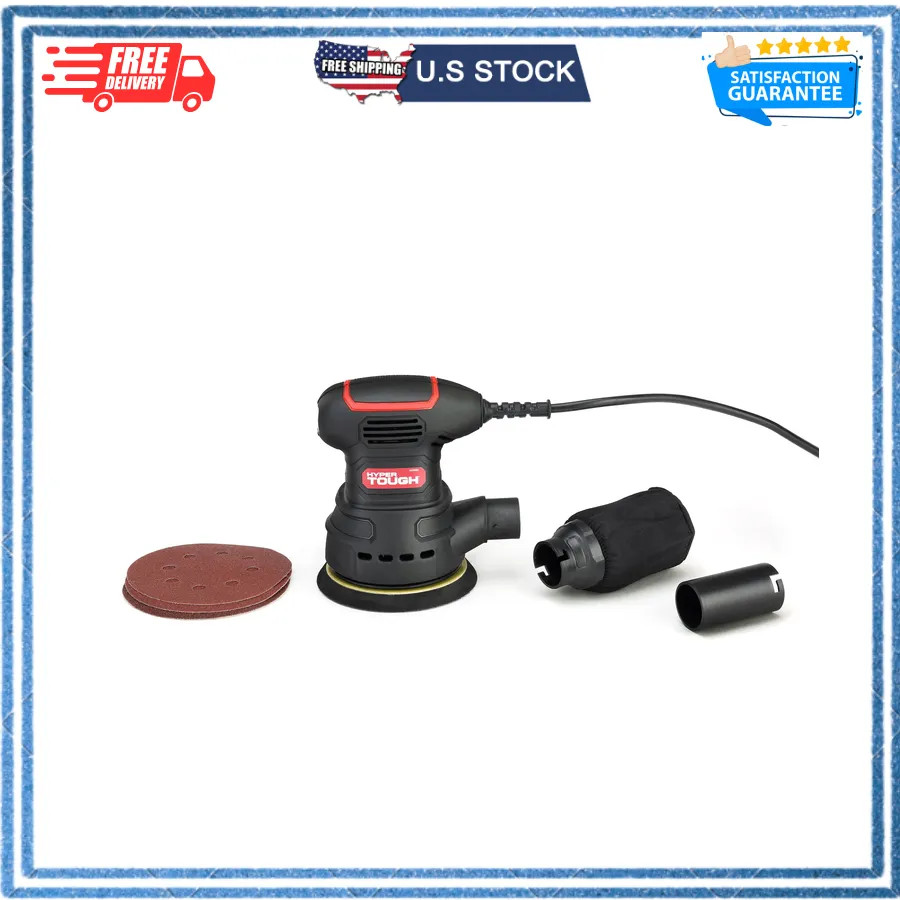Hyper Tough 5 Inch Corded Orbital Sander 2.5 Amp with Dust Bag and Accessories
