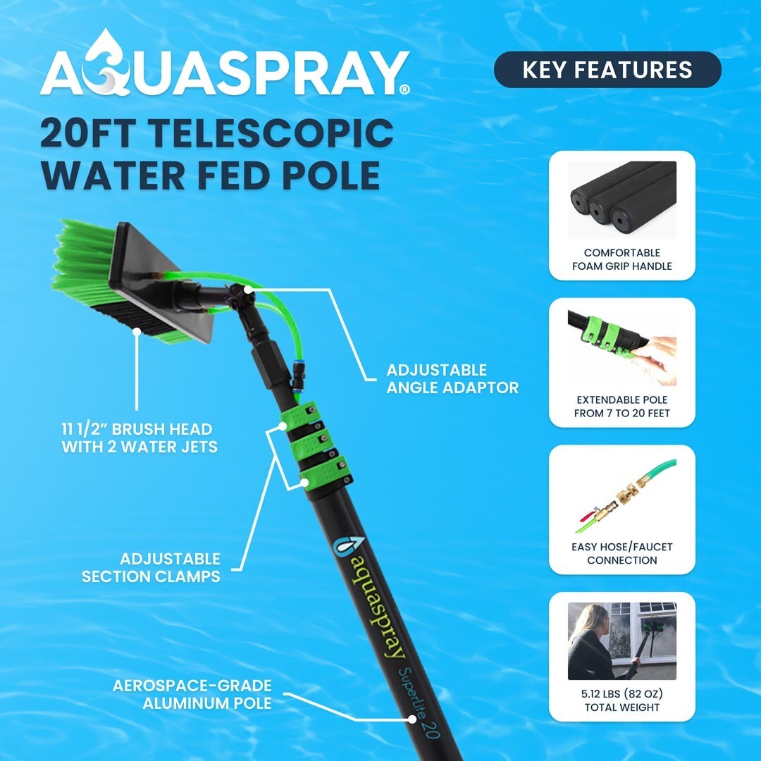 20FT Water Fed Pole Kit Window & Solar Panel Cleaning Brush and Pole Washer Tool