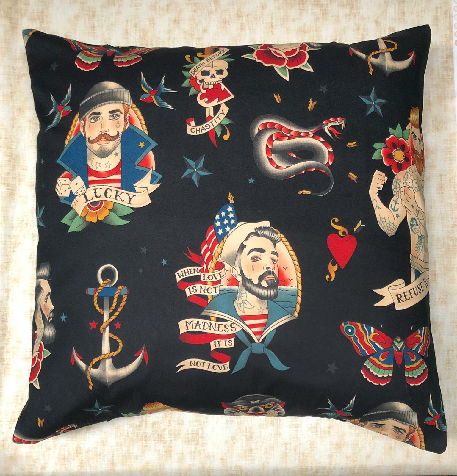 Anchors Away Lucky Sailor Tattoo Cushion Cover Case fits 18" x 18" Cotton