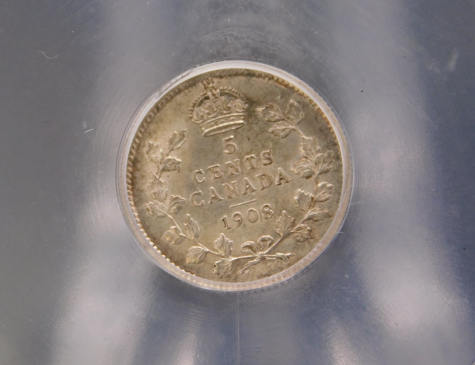 1908 SMALL 8 CANADA FIVE CENT ICG AU58 (BT1233)