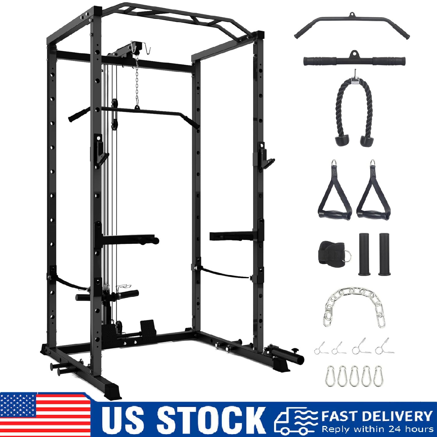 Power Cage Multi-Functional Power Rack w/Cable Pulley System J-Hooks Dip Handles