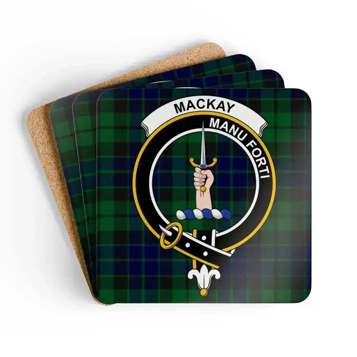 MacKay Clan Crest Tartan Coaster Set – Set of 4 Natural Cork