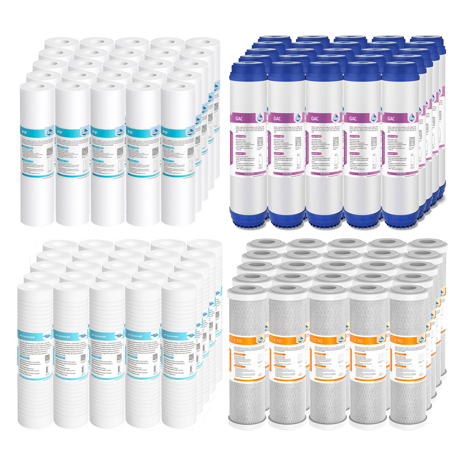 1-25 Pack 10x2.5" Whole House Grooved Sediment GAC CTO Carbon Block Water Filter