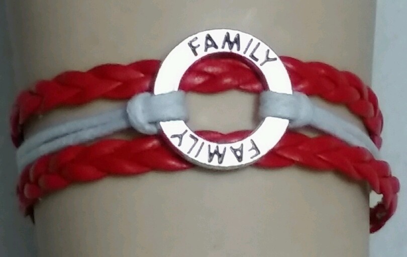 FAMILY ADJUSTABLE LEATHER BRACELET RED & WHITE - HANDMADE -6"-8"- #295