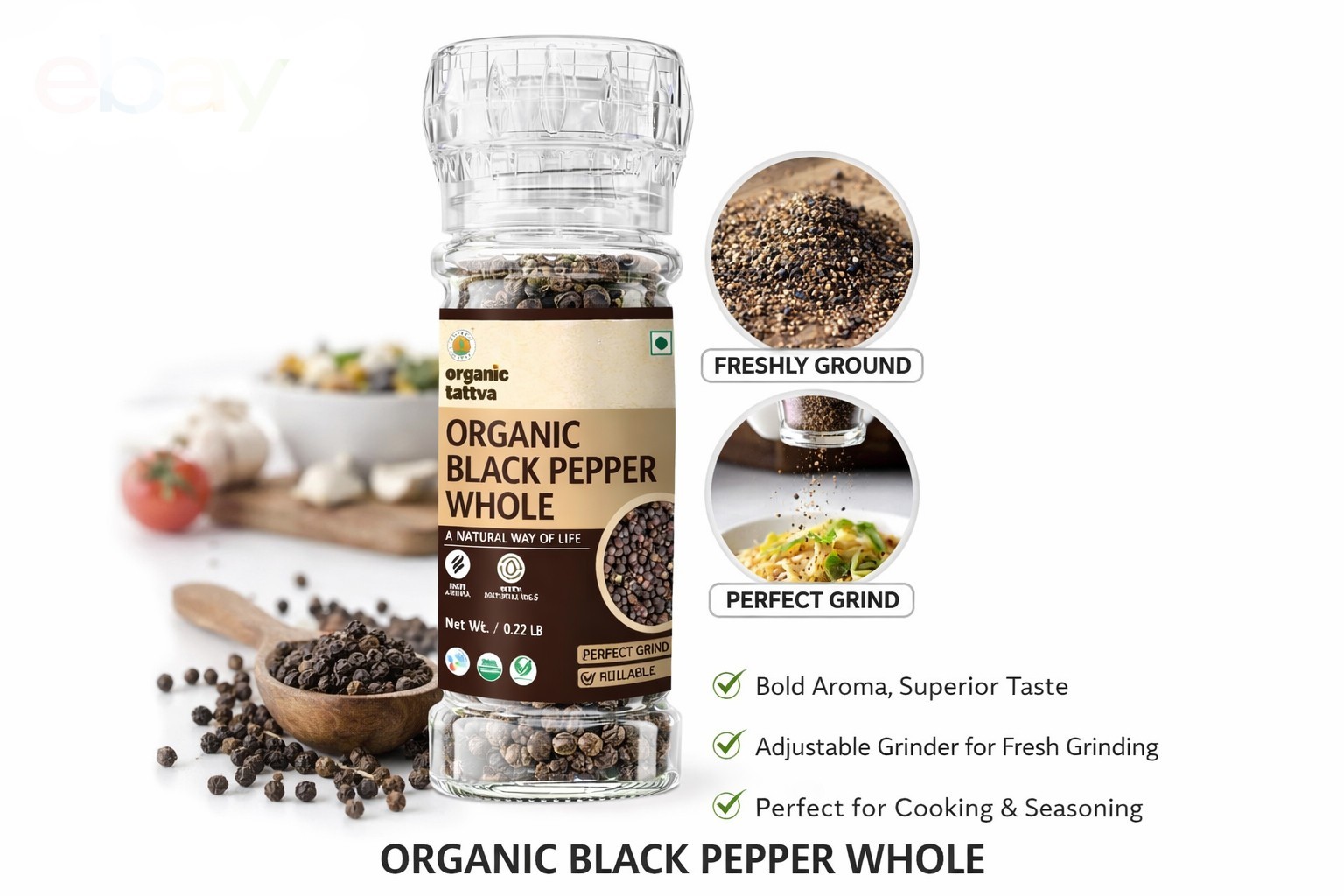 Organic Black Pepper Whole with Grinder Premium Whole Peppercorns 50g