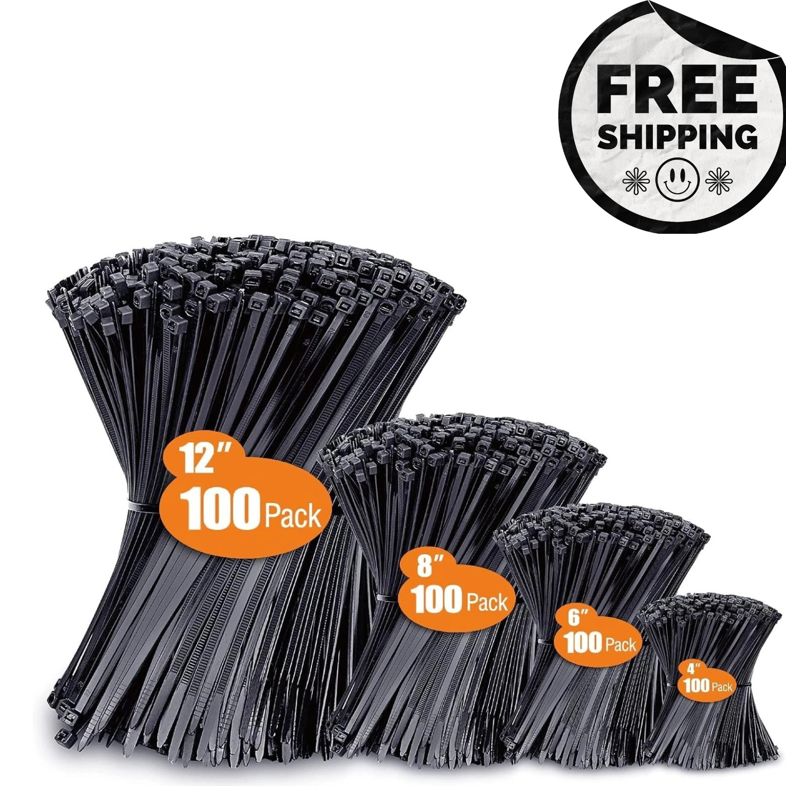 Zip Ties Assorted Sizes 4”+6”+8”+12” 200 or 400 Pc Black Cable Ties UV Resistant
