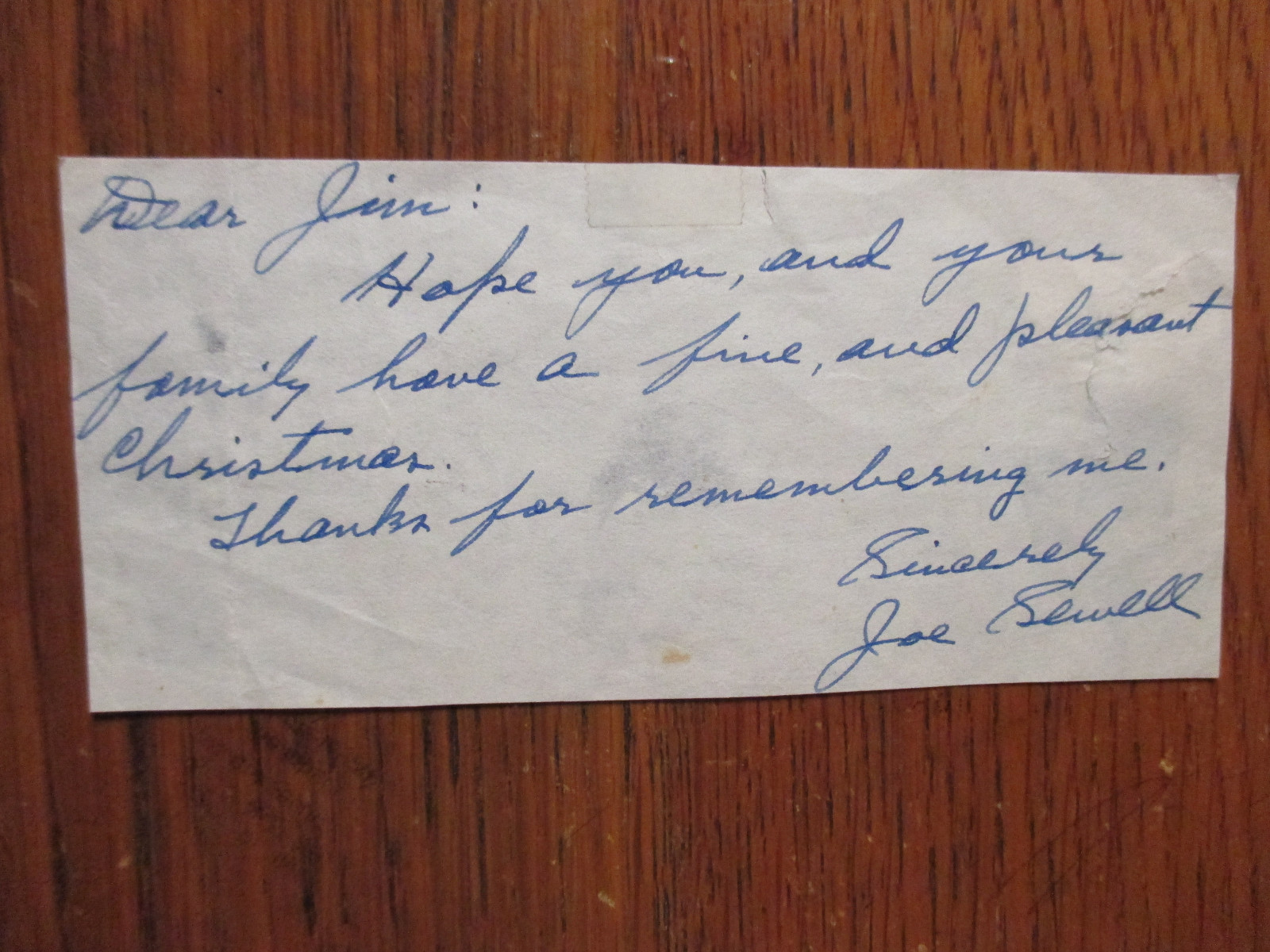 JOE SEWELL  (Died in 1990)Hall of Fame/New York Yankees/Indians  Signed Note