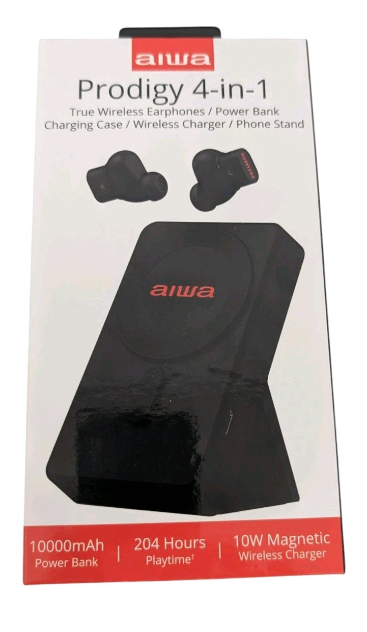 AIWA Prodigy 4-in-1 Wireless Earbuds,  10,000 mgh Powerbank, Phone Stand-Black