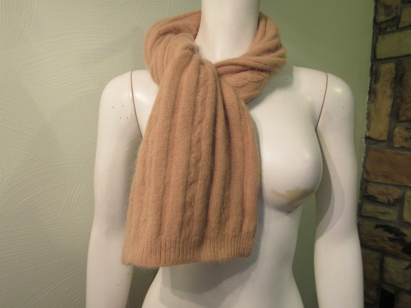 Men's Scarf Tan Beige 70% Angora Wool Blend Cable Knit 9 x 47